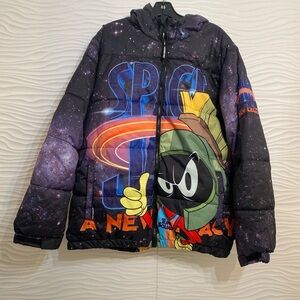 Members Only Space Jam Jacket XL Adult Black Quilted Hoodie Puffer Mens XL